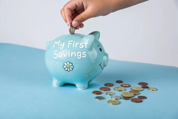 Child saving money in piggy bank
A child's hand places a coin into a blue piggy bank labeled "My First Savings," symbolizing early financial education and saving habits.
