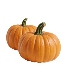Obraz premium Twin orange pumpkins with green stems on a stark black background symbolizing autumn