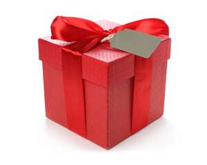 Gift box with blank tag isolated on white