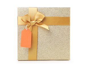 Gift box with blank tag isolated on white