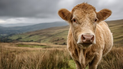 Majestic cow in serene landscape with rolling hills under cloudy sky