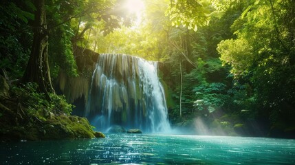 Fototapeta premium Majestic waterfall cascading into a serene pool surrounded by lu