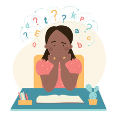 Disability problem of kids dyslexia vector illustration. Cartoon dyslexic girl with anxiety on face learning, reading at school table, education difficulty and mental disorder of confused child