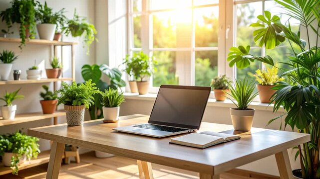 Home office setup with laptop, notebook, and potted plants on wooden desk near bright sunlit window