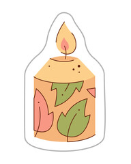 A sticker depicting a candle with a leaf pattern. Color hand drawn clipart illustration.