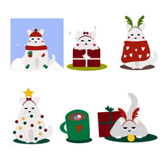 Grumpy Christmas cat set 6 vector illustrations plus one cocoa mug with marshmallows , funny cute pet cartoon for winter holidays and New Year design

