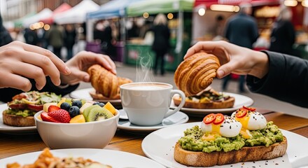 Hands Reaching for Delicious Fresh Croissants and Coffee at an Outdoor Brunch Market