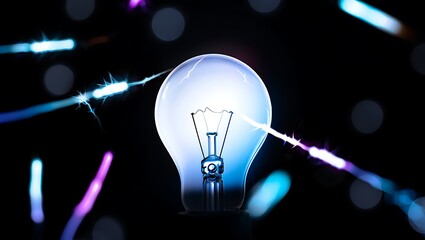Illuminated lightbulb with electric streaks and dark bokeh background creating energy
