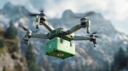 Medical delivery drone flying over snowy mountain landscape