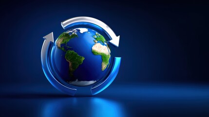 Fototapeta premium 3D Illustration of Rotating Globe With Arrows on Blue Background