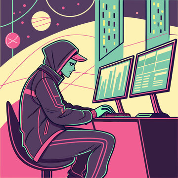 Young person in a hooded jacket and baseball cap focused on dual computer monitors displaying charts and data in a stylized futuristic city environment with abstract cosmic elements