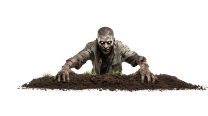 Obraz premium A creepy zombie crawling out of a grave on a white or transparent background – the concept of horror, death and Halloween