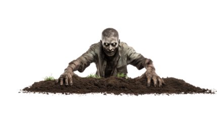 A creepy zombie crawling out of a grave on a white or transparent background – the concept of horror, death and Halloween