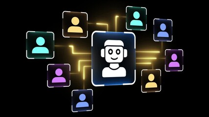 AI agent and customer support concept on the transparent background. Artificial intelligence helping and assisting customer. Motion graphics of artificial intelligence and support idea. 4k video.