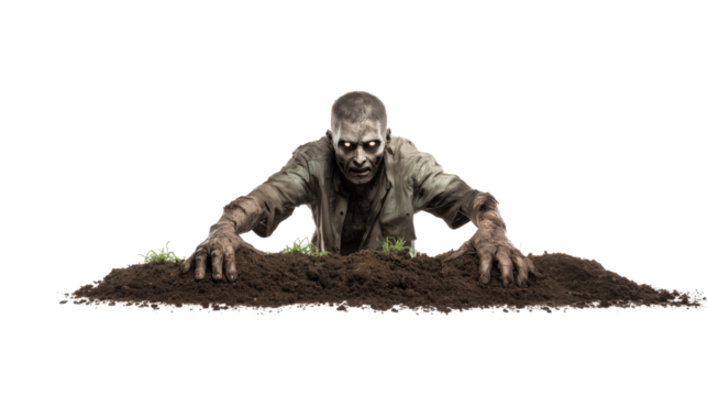 A creepy zombie crawling out of a grave on a white or transparent background – the concept of horror, death and Halloween