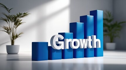 3D Blue Bar Chart with “Growth” Text in Modern Office Space