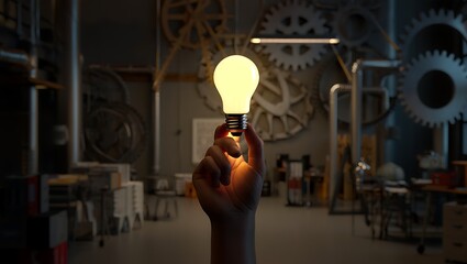 Innovative lightbulb concept held up by a person in workshop setting