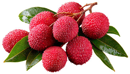 Fresh Lychee Fruit with Bright Red Spiky Skin and Green Leaves, Close-Up Side View, Isolated on Transparent Background