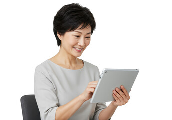 Smiling asian woman using a tablet computer isolated on transparent background