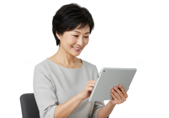 Smiling asian woman using a tablet computer isolated on transparent background