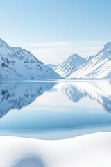 Obraz premium Snowy mountains reflect in a calm body of water. Arctic landscape with snow covered peaks in distance. A serene scene of cold environment.