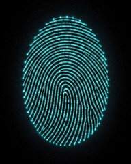 Glowing aqua fingerprint pattern formed by digital particles on black background