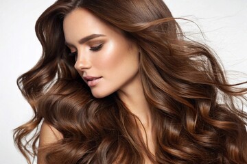 Fototapeta premium Elegant Woman with Long Wavy Brown Hair Beauty portrait of a woman with voluminous, shiny brown hair and glowing skin, symbolizing haircare, style, and luxury. 