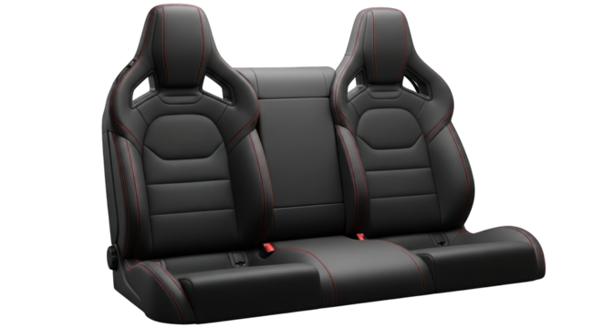 Pair of Black Leather Sport Car Seats with Red Stitching.
