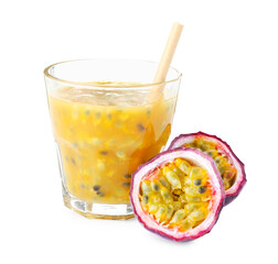 Tasty passion fruit drink and fresh fruits isolated on white