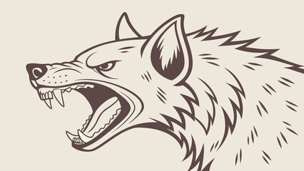 An illustration of a wolf's head with an aggressive grin, showcasing sharp fangs and fury, executed in monochrome. Suitable for logo designs, tattoos, and prints symbolizing strength and wild nature