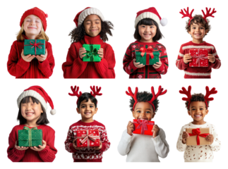 PNG Joyful children holding Christmas gifts, element set on transparent background