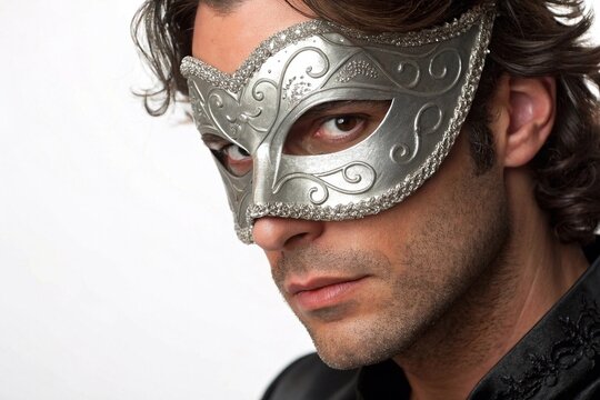 Mysterious Man in Silver Masquerade Mask
Close-up portrait of a shirtless man wearing an ornate silver masquerade mask, gazing intensely off-camera against a white background.
