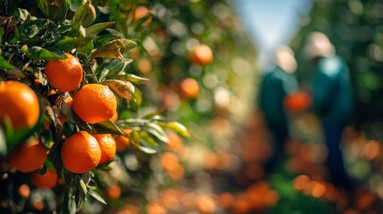 Vibrant orange grove with two workers harvesting ripe oranges