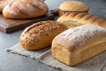 Assorted freshly baked bread loaves on table
Variety of homemade and artisan bread loaves on a cloth and wooden boards, showcasing texture, crust, and flour dusting.
