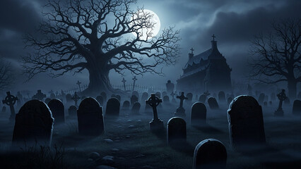 Moonlit Graveyard with Gnarled Tree and Gothic Church