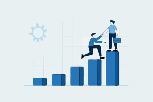 Manager support to achieve target, businessman support team member giving hand to help reach target