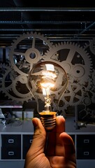 Lightbulb held in hand against gear mechanism symbolizing bright ideas