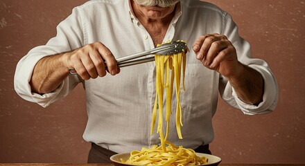 Chef's hands serving delicious hot pasta, close up on authentic pasta meal