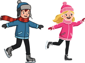 Happy kids ice skating in winter, boy and girl wearing warm clothes, outdoor fun activity, children enjoying snow season illustration
