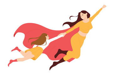 Mom superhero and motherhood vector illustration. Cartoon young mother in costume of super strong hero and red cape flying in sky with baby girl together, powerful supermom character with daughter