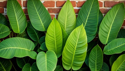 Lush Green Leaves Against a Rustic Brick Wall Background Image