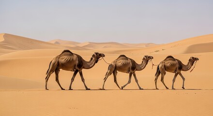 Group of Camels Walking Across Vast Sand Dunes in the Desert under a Clear Sky