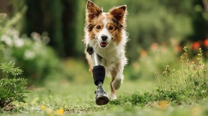 Energetic dog with prosthetic leg running outdoors in vibrant green park