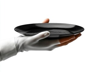 A gloved hand holds a black plate against a white background