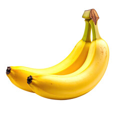 Two ripe bananas, slightly curved, stacked.  Bright yellow skins with brown spots.  Dark background