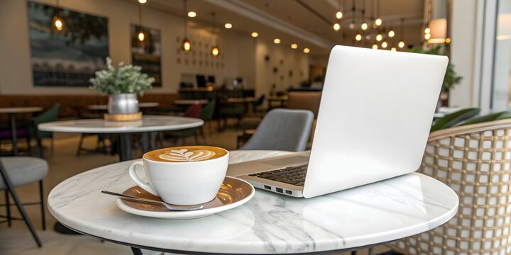 Laptop and latte on a marble table in a cozy cafe setting