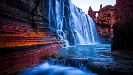 Majestic waterfall cascades through a colorful canyon creating natural beauty scenery
