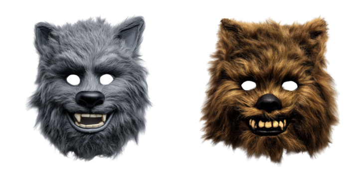 Close-up showcase of creative wolf masks in artistic indoor display