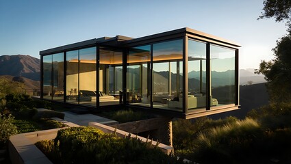 Modern architectural marvel glass house with mountain view in california