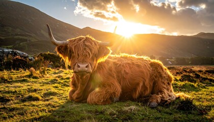 Highland cow at sunset
